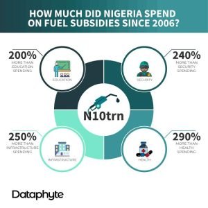 This picture shows how much Nigeria has spent on fuel subsidies since 2006 as well captured and visualized by Dataphyte